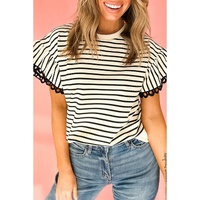 Black Stripe Scallop Lace Trim Ruffle Short Sleeves Crewneck Top - L