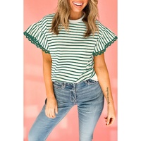 Green Stripe Scallop Lace Trim Ruffle Short Sleeves Crewneck Top - L