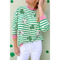 Bright Green Striped Sequin Clover Graphic Colorblock Long Sleeve St Patrick Top - L