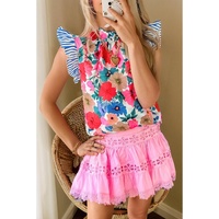 Sky Blue Floral Mock Neck Striped Flutter Sleeve Blouse - L