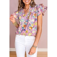 Pink Flutter Sleeve V Neck Floral Top - L