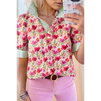 Red Floral Print Striped Patchwork Collared Short Sleeve Blouse - L