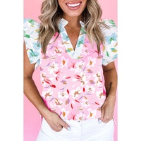 Multicolour Contrast Floral Patchwork Notched Neck Flutter Sleeve Blouse - S