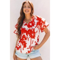 Red Plant Print Tiered Ruffled Sleeve V Neck Blouse - M
