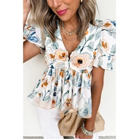 Green Floral Print Puff Sleeve V Neck Babydoll Blouse - XL