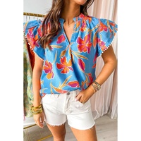 Sky Blue Floral Print V Neck Pompom Trim Flutter Sleeve Blouse - L