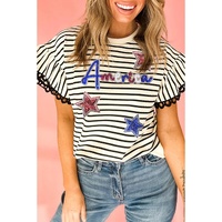 Black Stripe Sequin America Star Graphic Ric Rac Flutter Sleeve Blouse - L
