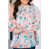 Multicolor Printed Frilled Neck Smocked Loose Blouse - M