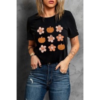 Black Pumpkin Flower Print Short Sleeve Graphic Top - S