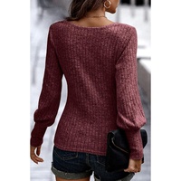 Mineral Red Ribbed Bishop Sleeve Round Neck Top - L