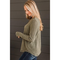 Jungle Green V Neck Buttoned Ribbed Knit Top - L