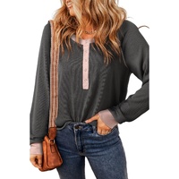 Carbon Grey Textured Contrast Stitching Henley Top - L