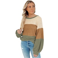 Green Stripe Textured Color Block Bubble Sleeve Baggy Top - S