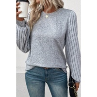 Gray Contrast Ribbed Bishop Sleeve Top - L
