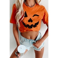 Orange Halloween Pumpkin Face Print Crew Neck T Shirt - S