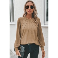 Light French Beige Contrast Lace Raglan Sleeve Plicate Round Neck Top - S