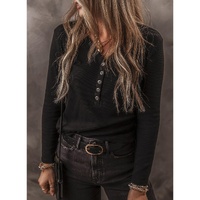 Black Buttoned V Neck Long Sleeve Ribbed Top - S
