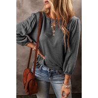 Medium Grey Solid Color 3/4 Sleeve Round Neck Blouse - L