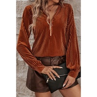 Chestnut Half Zip V Neck Ribbed Velvet Top - S