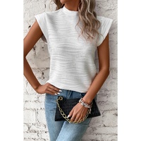 White Wavy Textured Mock Neck Cap Sleeve Top - XL