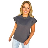 Dark Grey Studded Short Sleeve Top - L
