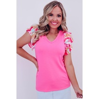 Bonbon V Neck Printed Ruffle Sleeve Patchwork T-shirt - L
