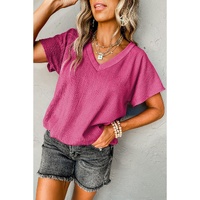 Bright Pink Crinkled V Neck Wide Sleeve T-shirt - L