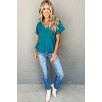 Blue Sapphire Crinkled V Neck Wide Sleeve T-shirt - M