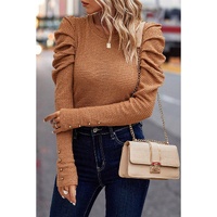 Chestnut Solid Color Textured Buttoned Gigot Sleeve Top - L
