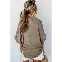 Simply Taupe Collared Half Buttons Folded Short Sleeve Oversize Top - M