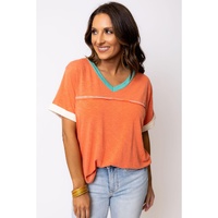 Grapefruit Orange Contrast Trim Exposed Seam V Neck T-shirt - S