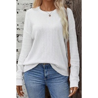 White Round Neck Drop Shoulder Textured Knit Top - S