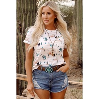 Beige Western Cactus Print Crew Neck Short Sleeve Top - L