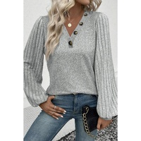 Azura Exchange Light Grey Buttoned V Neck Ribbed Puff Sleeve Top - S