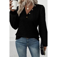 Azura Exchange Black Buttoned V Neck Ribbed Puff Sleeve Top - S