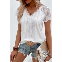 White Sheer Lace Short Sleeves Eyelet Embroidered Tee - S