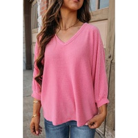 Strawberry Pink Striped Print Bracelet Sleeve V Neck Top - L