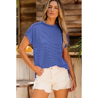 Dark Blue Textured Knit Exposed Stitching T-shirt - L
