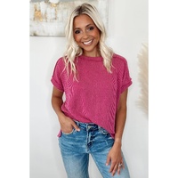 Rose Red Textured Knit Exposed Stitching T-shirt - XL