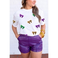 White Mardi Gras Sequin Bow Knot Crew Neck T Shirt - XL