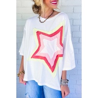 White Colorblock Star Patched Half Sleeve Oversized Tee - L