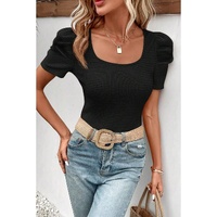 Black Waffle Knit Ruched Puff Sleeve Top - M