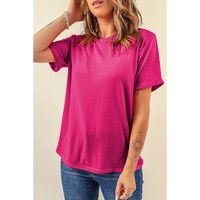 Rose Red Casual Plain Crew Neck Tee - L