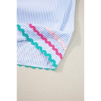 Sky Blue Stripe Ricrac Trim Split Neck Striped Ruffled Sleeve Blouse - L