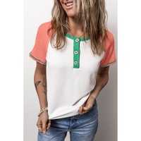 White Colorblock Textured Raglan Sleeve Henley T shirt - S