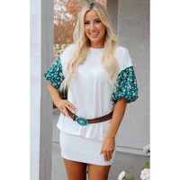 White Contrast Floral Puff Sleeve Oversized Top - M
