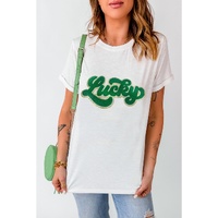 White St. Patrick Lucky Chenille Glitter Patched Graphic T Shirt - M