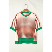 Orange Stripe Oversized Contrast Trim Exposed Seam High Low T Shirt - L