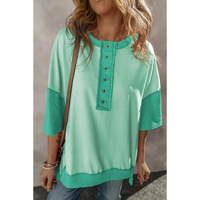Bright Green Contrast Color Patchwork Half Button T Shirt - M