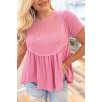 Peach Blossom Subtle Ribbed Short Sleeve Babydoll Top - L